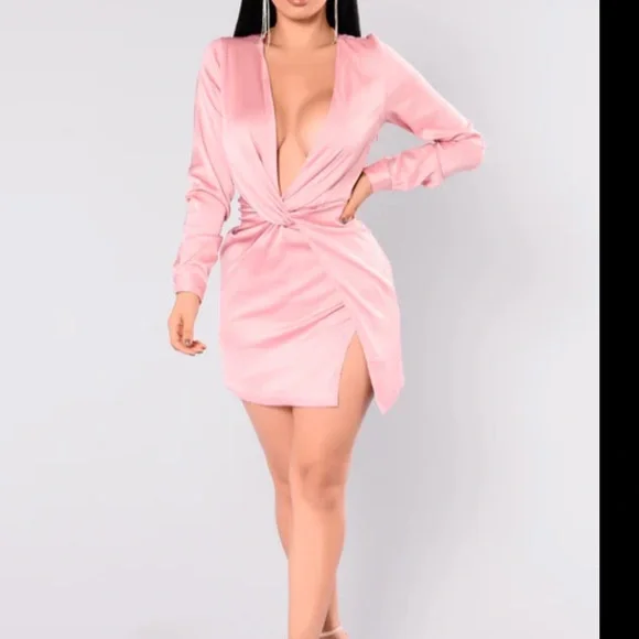 Satin Blush Deep V Dress - Picture 2 of 8
